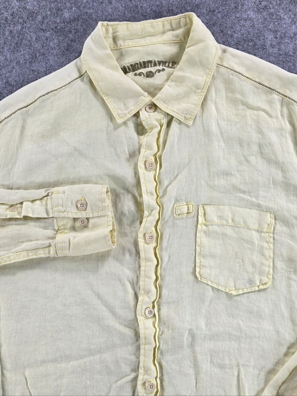Margaritaville Men's 100% Linen Light Yellow Button-Up Shirt Jimmy Buffett